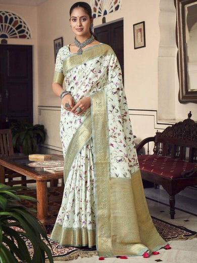 Tantalizing Off-White Digital Printed Silk Traditional Saree With Blouse